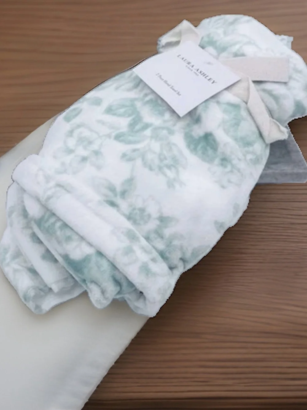 2 Laura Ashley Pale Green & White Floral Toile Velour Cotton HAND Towels NWT